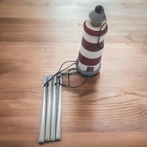 Nautical Lighthouse Wind Chimes Wooden Coastal Burgundy Stripes Calm Melody